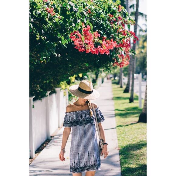 Parker Women Blue White Black Stripes Linen Blend Off the Shoulder Mini Dress XS - Picture 1 of 12